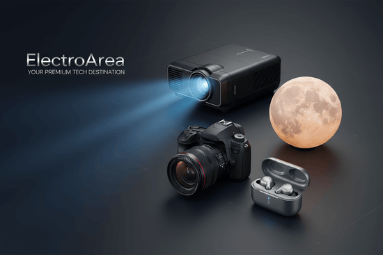 generate me a proffessional unique and attractive banner for my store selling projector, camera , moon lamp, bluotooth,