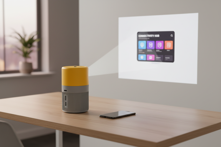 Pocket mini projector next to a smartphone on a modern desk projecting onto a wall