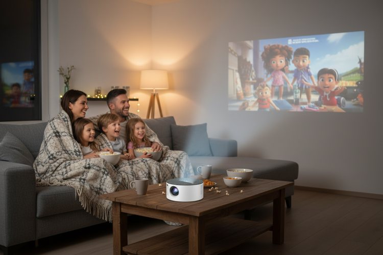 Portable mini kids projector on a coffee table during a family movie night
