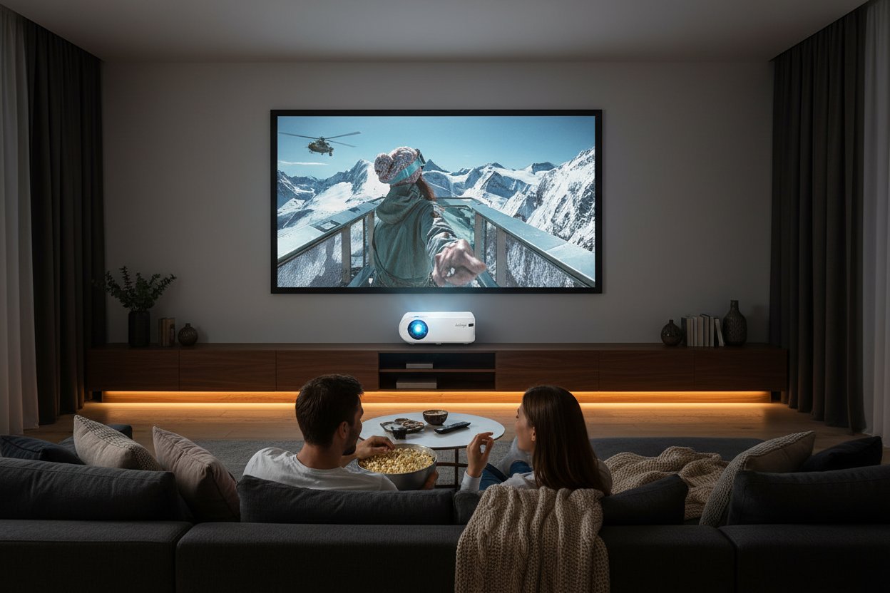 Smart HD projector on a media unit projecting a massive cinematic image in a modern living room home theater setup