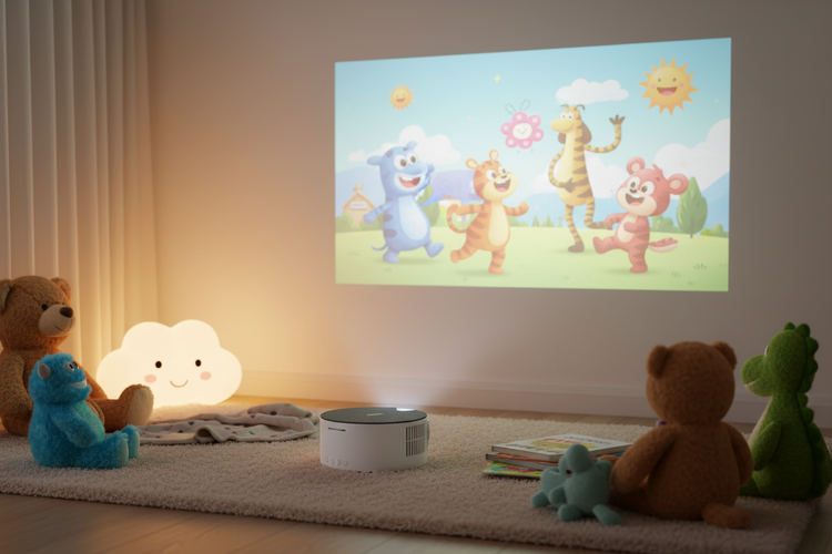 Portable mini kids projector on a bedroom floor projecting colorful cartoons onto a wall