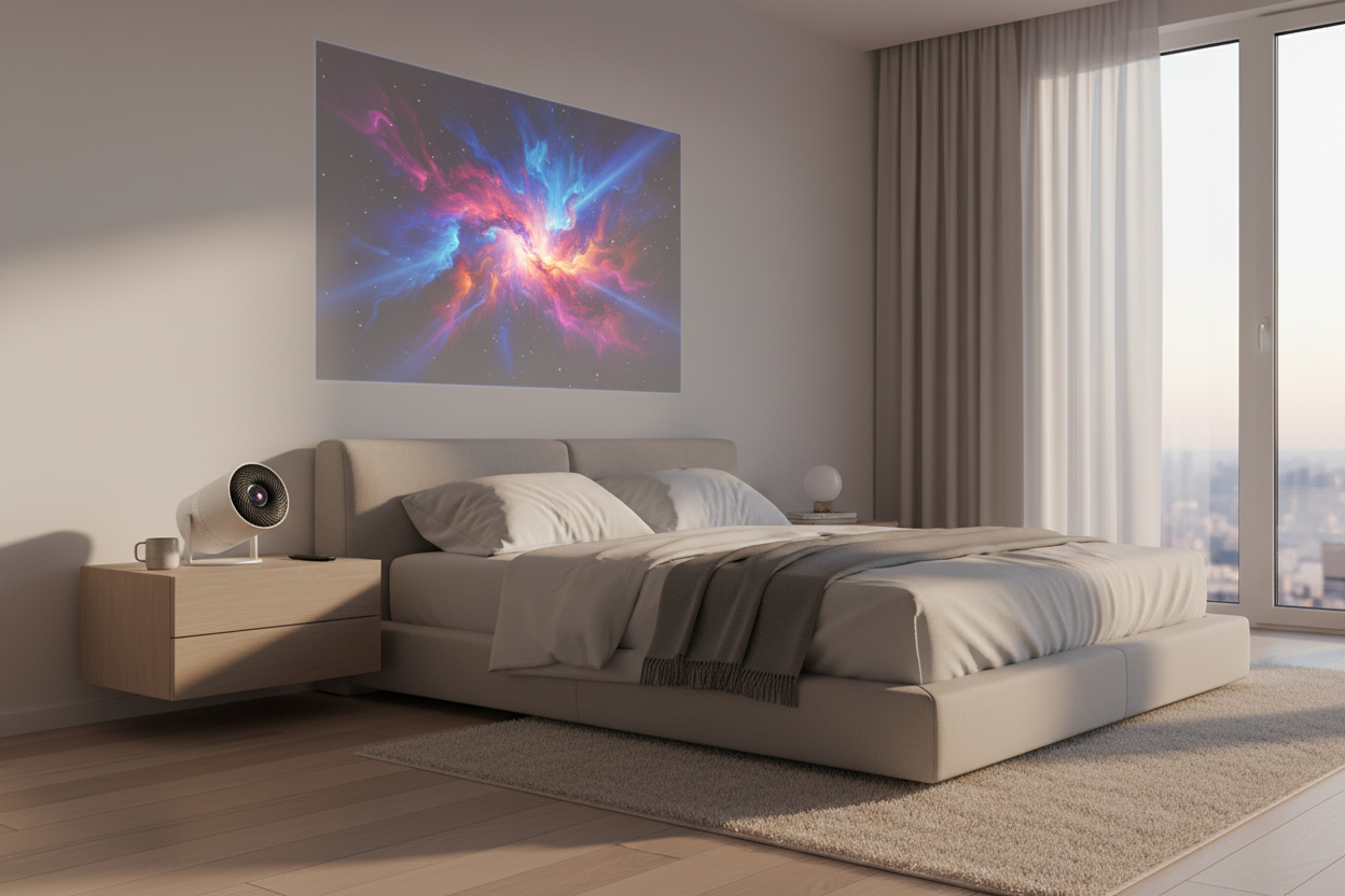 Portable 1080p home projector on a bedroom nightstand projecting onto a wall