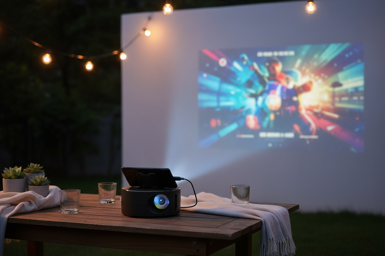 Palm-sized mini projector on a wooden table outdoors at night projecting a movie with a smartphone connected