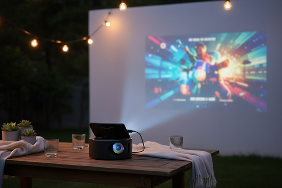 Palm-sized mini projector on a wooden table outdoors at night projecting a movie with a smartphone connected