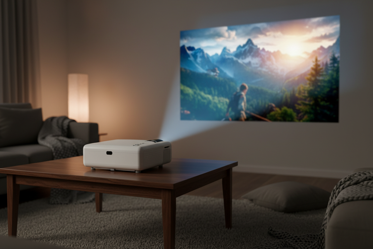 Portable 720p HD home projector on a coffee table projecting a movie in a cozy living room