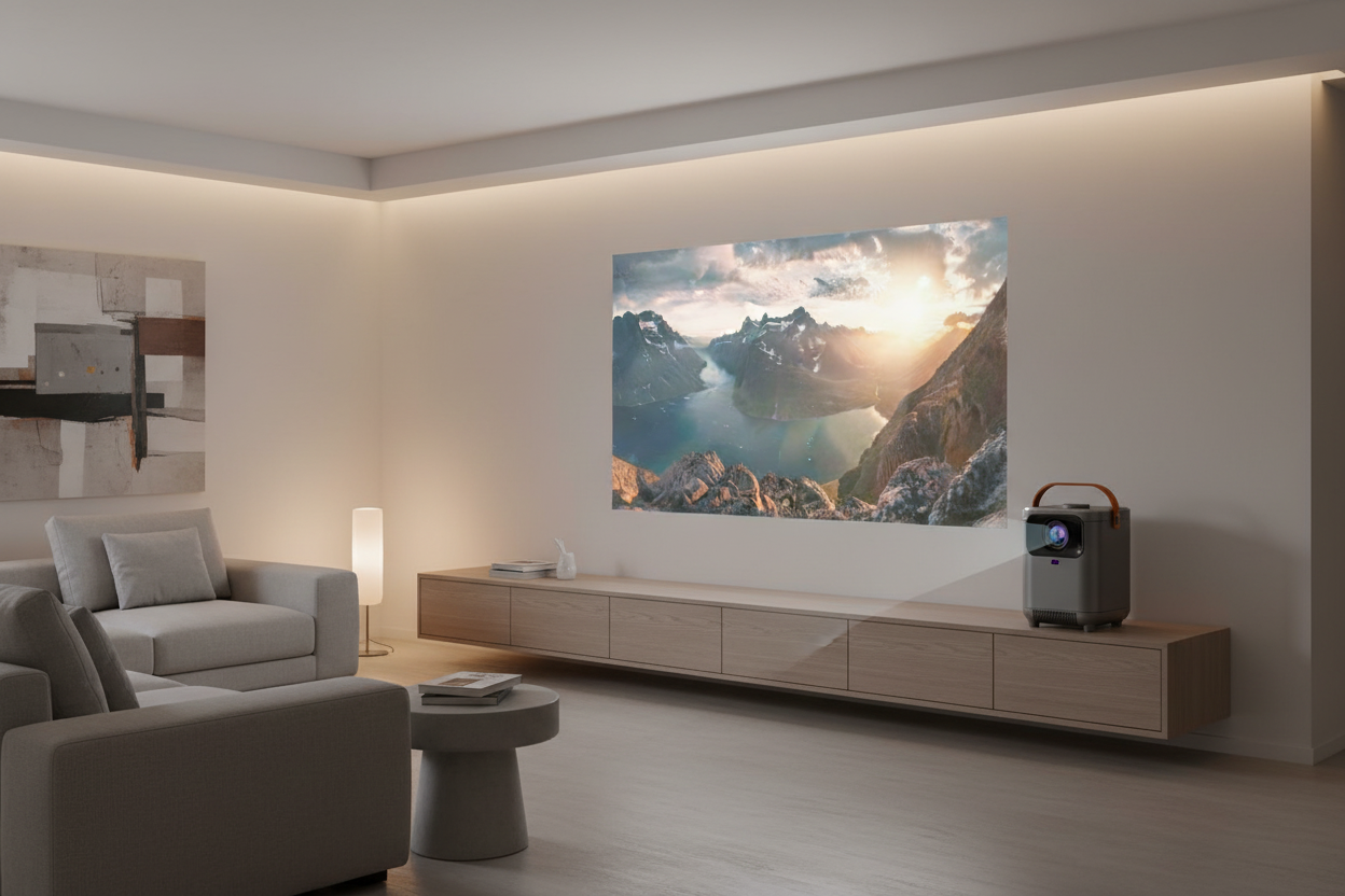 Portable all-in-one HD projector with leather handle on a wooden sideboard projecting a cinematic landscape in a modern living room