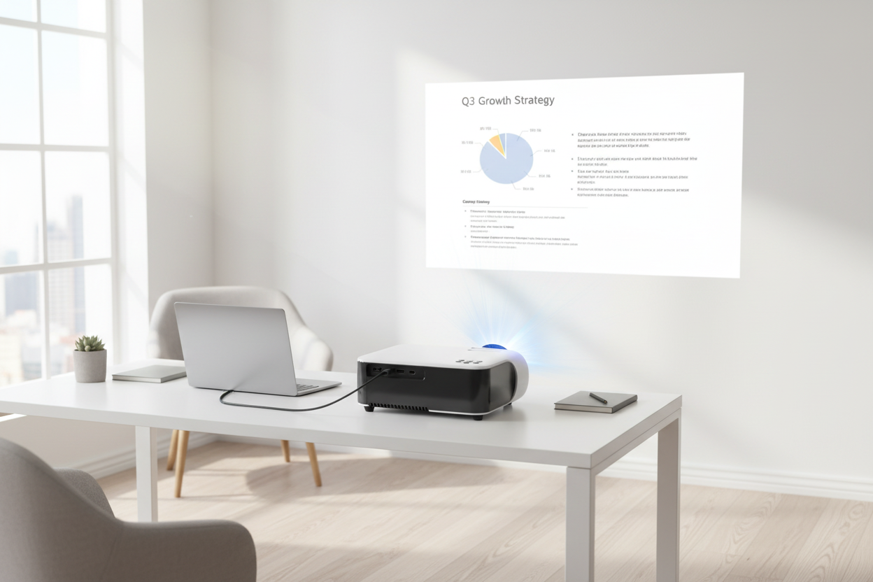 WiFi home projector connected to a laptop via HDMI projecting onto a wall in a home office