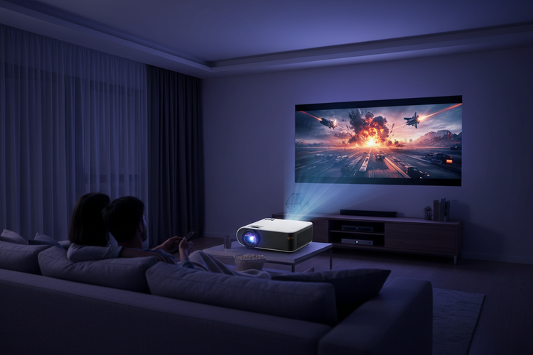 WiFi home projector on a media console projecting a movie in a modern living room