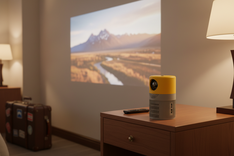 Pocket mini projector on a hotel nightstand projecting a movie onto a wall
